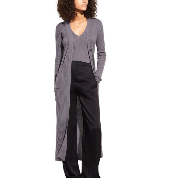Vince Shadow Gray Cashmere Ribbed Duster Longline Midi Cardigan Sweater - Picture 5 of 12